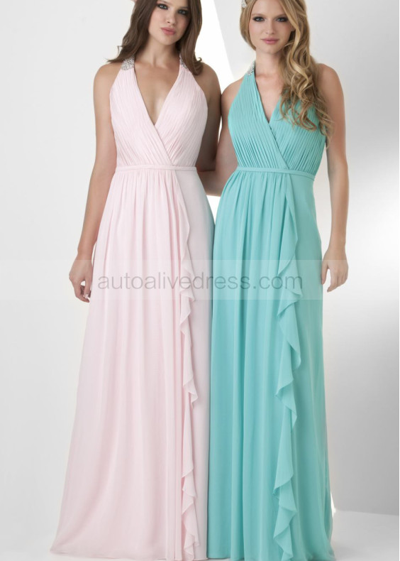 V Neck Beaded Halter Ruched Chiffon Bridesmaids Dress